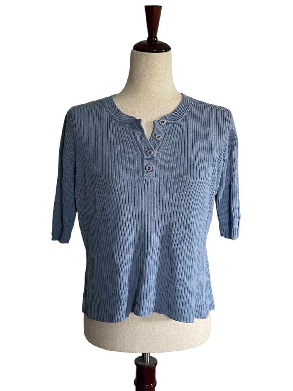 Christopher & Banks Vintage Women’s Ribbed Henley Short Sleeve Knit Top Blue Med